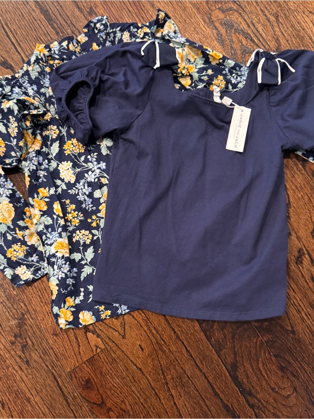 Janie and Jack Navy Puff-Sleeve Tee and Long Sleeve Yellow Floral Accent Shirts